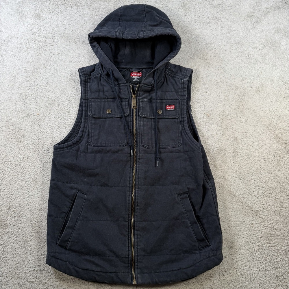 Wrangler Workwear Vest Mens Small Navy Hooded Quilted Canvas Utility Outdoor